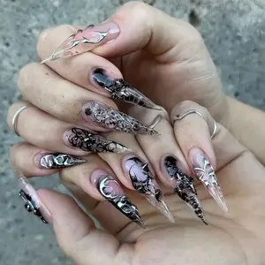 24 Long Sharp Claw Nails, Stiletto Nails, Gothic Skull Flame Design, Glossy Y2K False Nails, Punk Style, Reusable, Halloween Party Streetwear