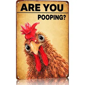 2d flat  Decorative Signs & Plaques Funny Bathroom Signs Chicken Decor Are You Pooping Sign Metal Chicken Signs For Home Decor Chicken Toilet Wall Art Humorous Bathroom Signs Funny Restroom Sign 8 X 12 Inch