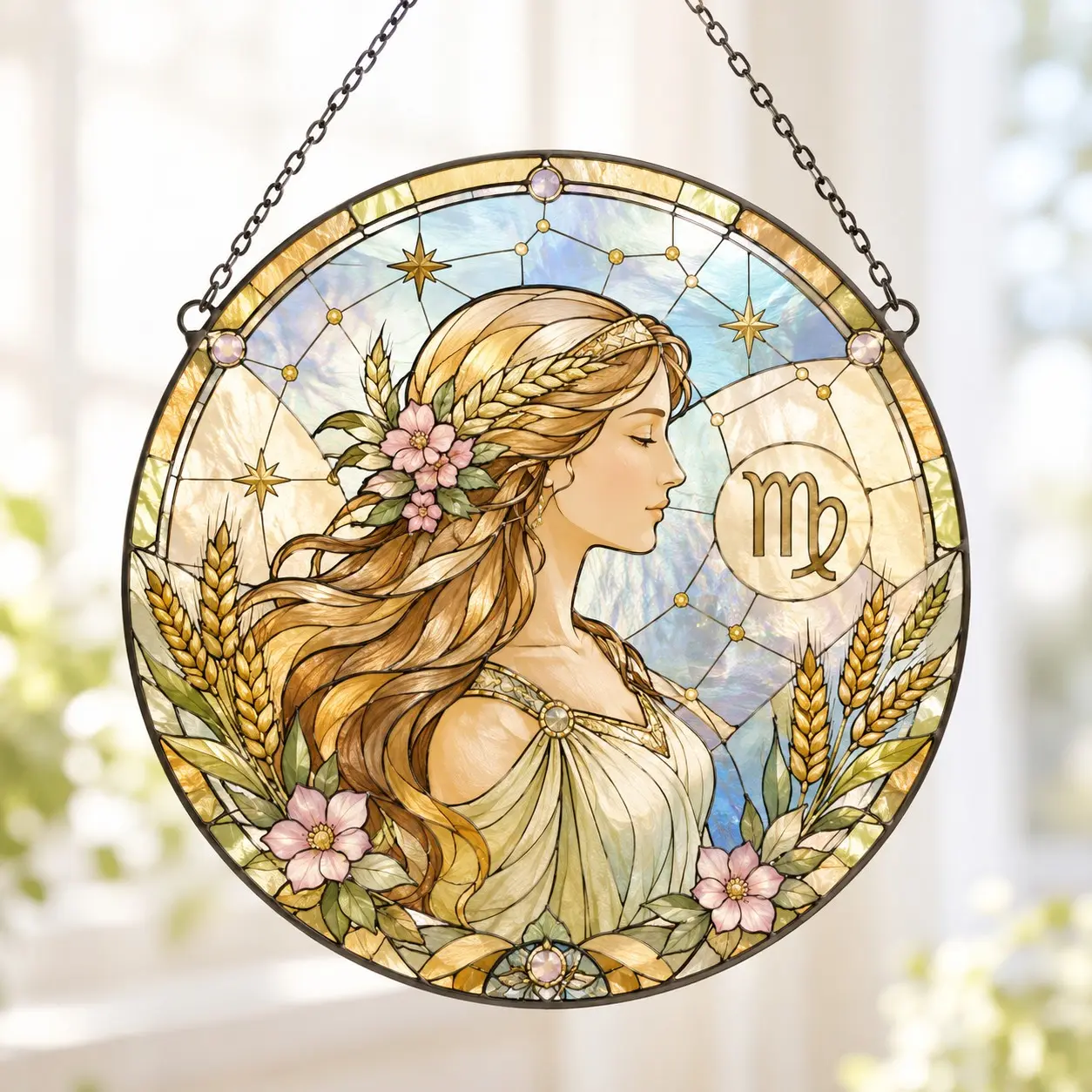 Virgo Zodiac Stained Glass Suncatcher - Celestial Art Nouveau Window Hanging Panel - Handcrafted Acrylic Sun Catcher Decor for Mystical Astrology Lovers Gift