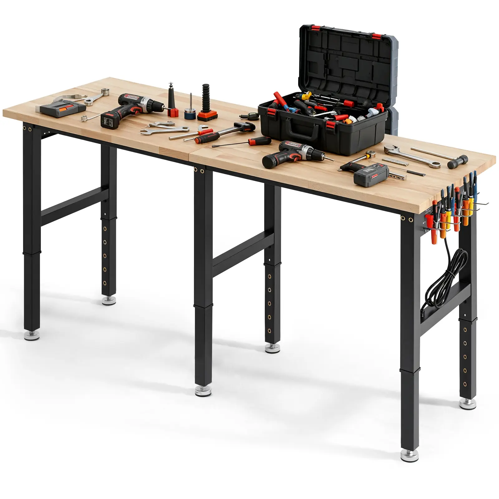 【summerfinds】VEVOR Adjustable Workbench Desk - 5000 lbs Capacity, 72x24 Inch Oak Wood Top Workstation with Built-In 4 AC Outlets & 2 USB Ports, Heavy-Duty Hardwood Large Height/Posture Adjustable Desk for Garage, Workshop, Adjustable Workbench Desks, Bu