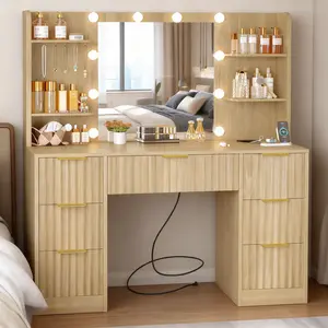 Fabiula Fluted Makeup Vanity Desk with Large 23.2" Mirror and Lights, Modern Big Makeup Table with Power Outlet, 6 Shelves & 7 Drawers, 3 Color Lighting Modes, Dressing Table Vanity Set for Bedroom, Oak