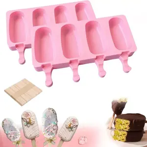 2-Pack Silicone Popsicle Molds Set Pink Ice Cream Molds with 50 Wooden Sticks for Cake & Ice Cream Making