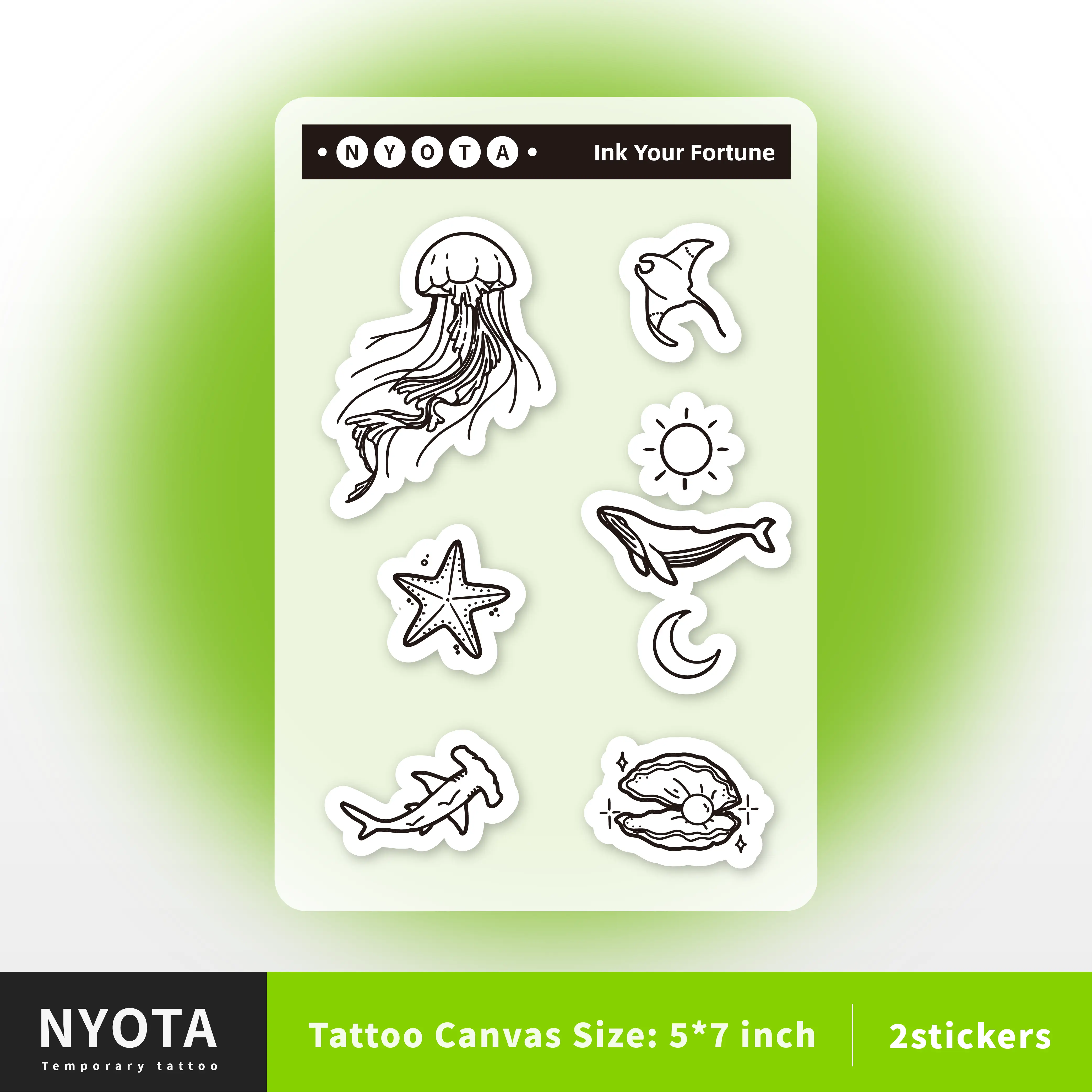 NYOTA Waterless Instant Tattoo Sticker - Moonlight tides 5x7 Inch Temporary Tattoos - 12 Stickers Included