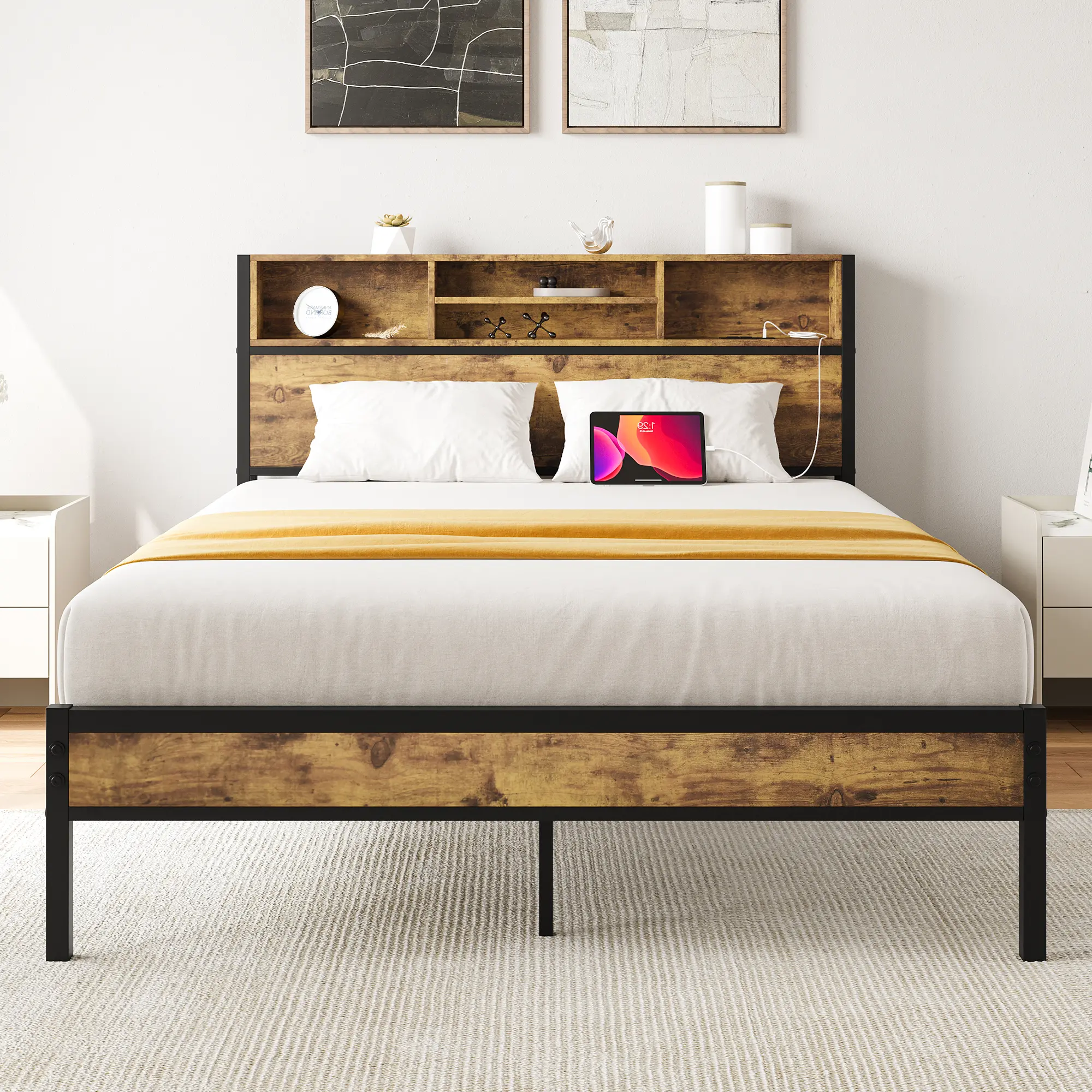 Industrial Retro Cast Iron Queen Size Platform Bed Frame with Storage Headboard, Built-in Charging Ports, 2 Standard Outlets, Bookcase Shelves, Silent, 10.55in Clearance, No Box Spring Needed, Assembly Required