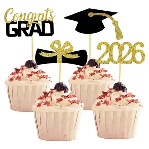 48PCS 2026 Graduation Cupcake Toppers – Gold Grad Cap & Diploma Food Picks for Graduation Party Decor