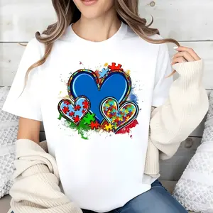 Autism Awareness Puzzle Heart Print T Crew Neck Wear For Girls shirts women, 100% cotton