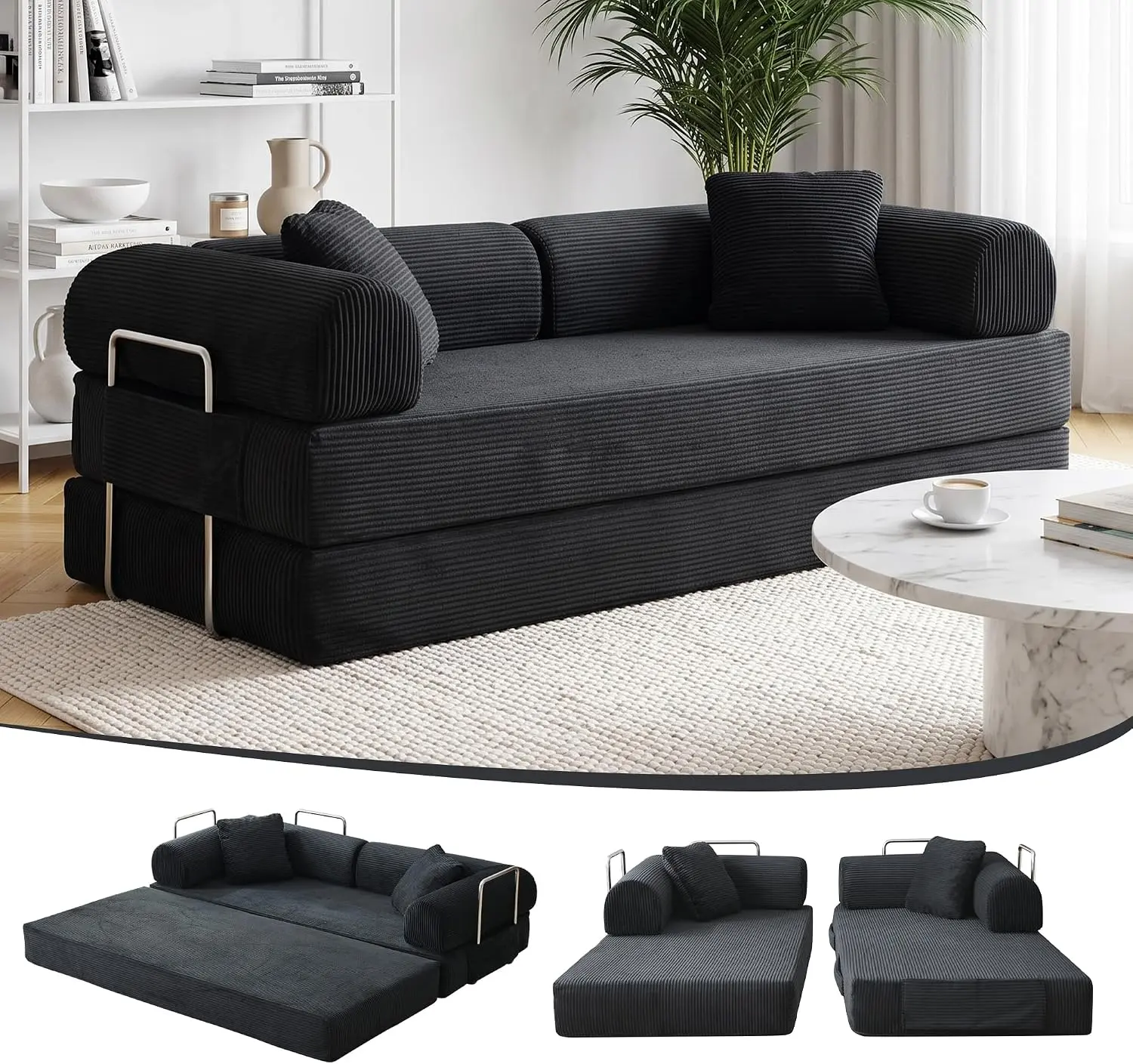 78.5'' Convertible Folding Sofa Bed, 5-in-1 Modular Floor Loveseat Couch, Corduroy Small Cloud Couch, Compressed Foldable Sleeper Sofa, King Size Futon for Bedroom, Guest Room (Black)