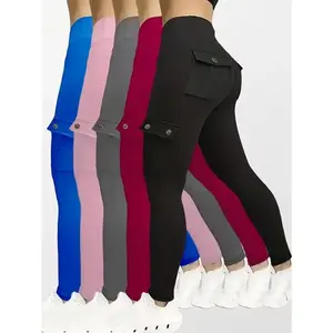 5pcs Set Women's High-Waisted Yoga Leggings with Belt Pockets & Button Closure - Full Coverage Flap Pocket Athletic Pants, Solid Color Gym Workout Running Training Suit (Black, Navy, Gray, Pink, Red) - Comfortable Machine-Washable