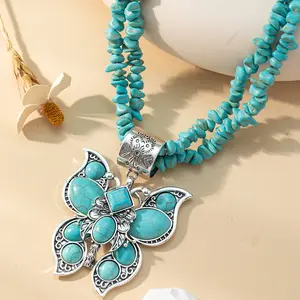 Vintage Western Retro-Bohemian Turquoise Bead Butterfly Necklace - Fashion Costume Jewelry Accessory for Daily Wear