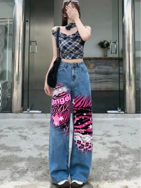 Y2K Hot Pink Zebra Leopard Lace Angel Glitter Star Print Straight Wide Leg Denim Jeans Unisex High Waist Vintage Washed Loose Trousers