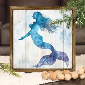1 piece of rustic wooden mermaid wall decoration - watercolor blue nautical coastal artwork, size 8.0X 8.0inch, framed, suitable for display in your home, office, cafe, or garage. An ideal choice for ocean lovers, suitable for the living room, bedroom, or