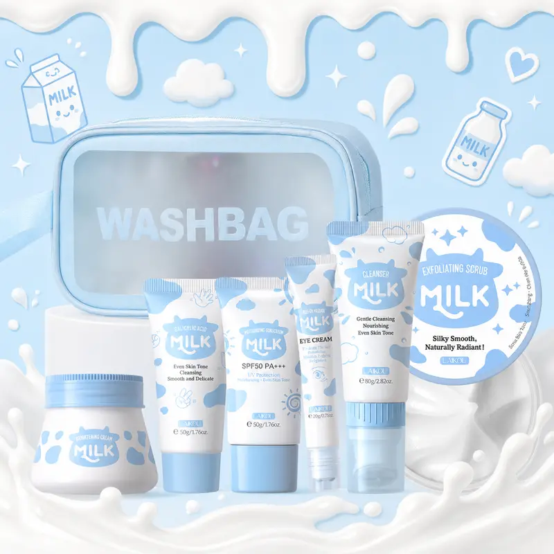 Nourishing Smoothing Milk Face Skin Care Set - 6-Item Body Care Kits with Cleanser, Sunscreen, Exfoliating Scrub, Hand Wax, Eye Cream, Brightening Cream, Storage Bag, No Extra Add-Ons for Morning Routines, Cleansing & Even Out Skin Tone & Texture Benefits