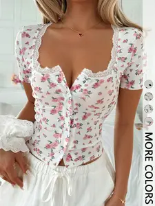 1 Piece Sweetheart Neck Lace Trim Short Sleeve Floral Print Fit Crop Top, Y2K Casual Aesthetic Style