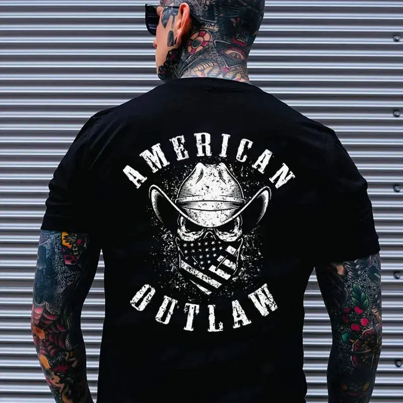 Gildan Men's Cowboy Skull Biker T-Shirt - 100% Cotton Short Sleeve Round Neck Tops, American Outlaw Custom Graphic, Retro Vintage Unisex Casual Fit, Bow Detail, All Seasons, Thanksgiving