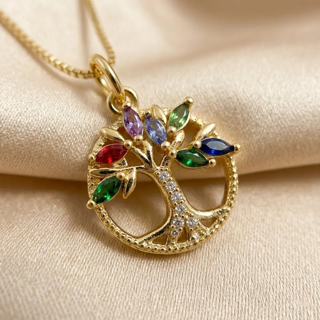 [Free 14K Gold Pendant] 14K Gold Plated Colorful CZ Tree of Life Necklace, Family Bond & Growth Symbol Jewelry for Daily Wear & Meaningful Gifting