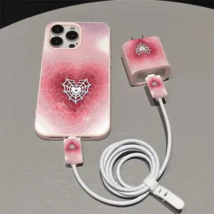 5 Piece Set Gradient Heart Pattern Phone Case, Charger Head Cover, Cable Protector, Storage Rope, Anti-Drop Tpu Case for iPhone