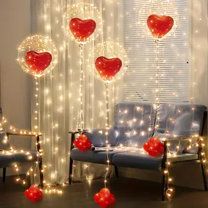 5 Sets of Large LED Glowing Bobo Heart Balloons with 3M Yellow LED String Lights & Red Hearts for Birthday Parties Battery-Free Plastic Decorations