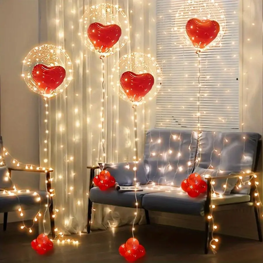 5 Sets of Large LED Glowing Bobo Heart Balloons with 3M Yellow LED String Lights & Red Hearts for Birthday Parties Battery-Free Plastic Decorations