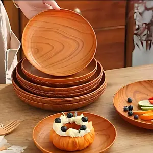 10pcs Creative Wood Grain Pattern Dinner Plates Round Striped Design High-Quality Lightweight for Home Dessert Shops Commercial Use Cake Serving - Tea