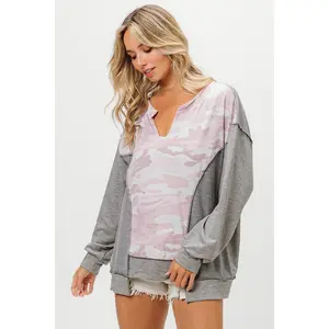 BiBi Camo Printed French Terry Knit Color Block Top