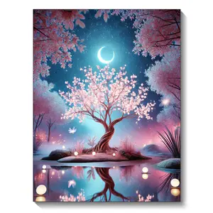 Moonlight cherry blossom diamond painting set night lake scenery full diamond embroidery cross stitch mosaic inlaid rhinestone art wall decoration painting