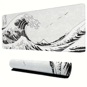 Gaming mouse pad, black and white wave art design, non slip rubber base, washable rectangular computer mouse pad, suitable for soft aesthetic desk pad of PC and laptop