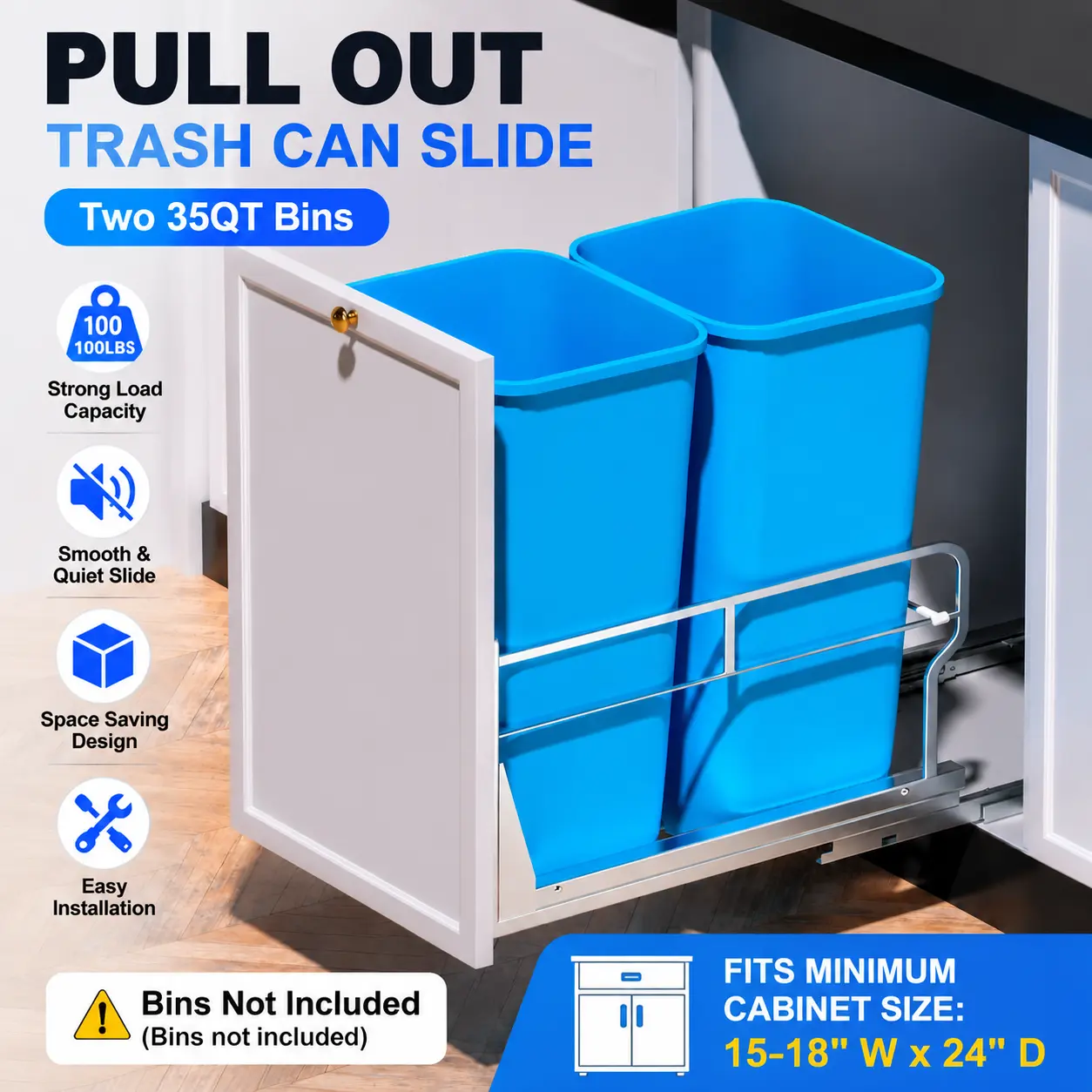 Dual Pull-Out Under Cabinet Trash Can Kit - 70 Qt Smooth Silent Alloy Steel Bins, Soft-Close Slides, Durable Single Size for Kitchen Sink/Pantry, Fits 17" W x 24" D Cabinets (Trash Cans for Kitchen, Bin Not Included)