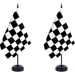 Black and White Checkered Desk Flag 12" Solid Pole Deluxe Set 2Pack Mini Racing Table Flags with Black Stand Base for Office Desktop Decorations