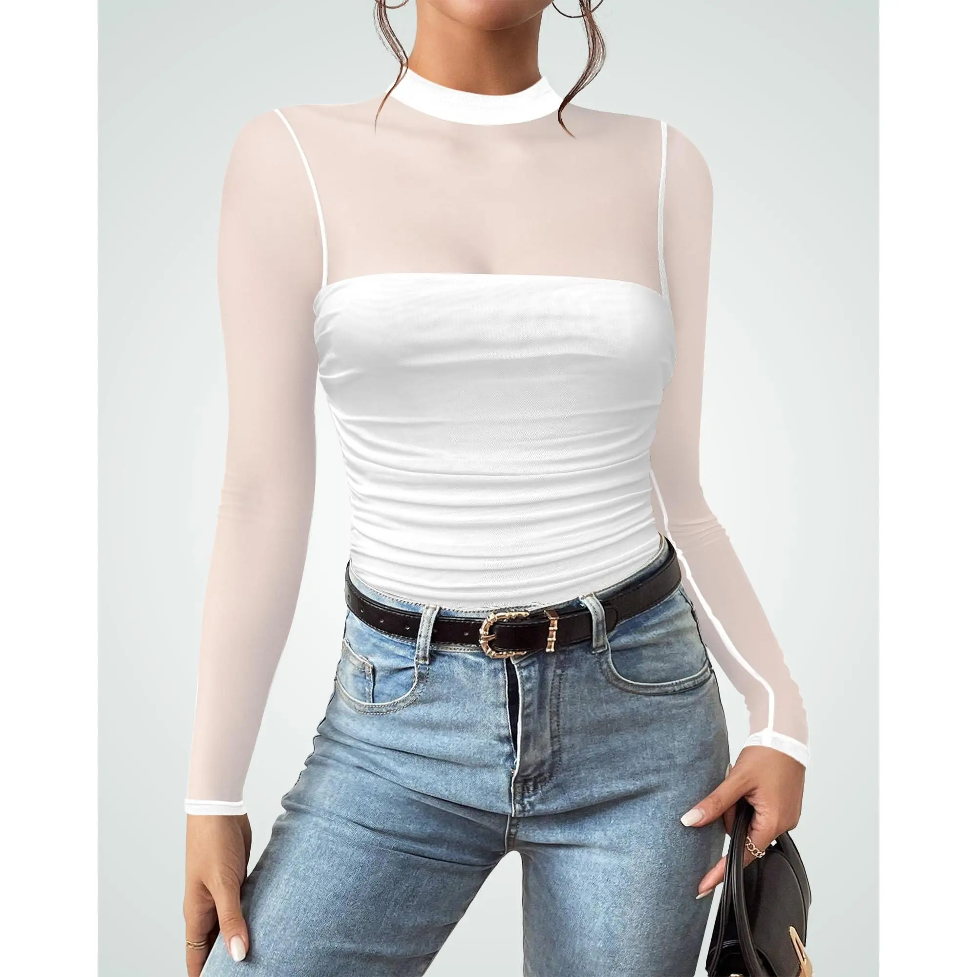 Women Sheer Mesh Long Sleeve Top See Through Shirt Sparkly Glitter Rhinestone Crewneck Turtleneck Ruched Blouse Clubwear Y2K Aesthetic Festival Outfit Layering Tee Elegant Transparent Date Night Cover Up Slim Fitted