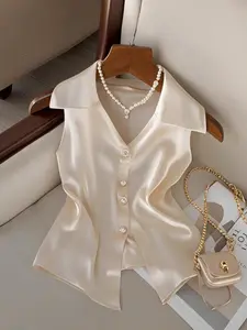 Women's Plus Size Elegant V Neck Sleeveless Champagne Blouse Shirt, Fitted Short Design for Business Casual Spring & Fall Wear