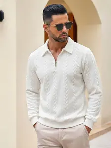 Men's New Solid Color Jacquard Polo Collar Long Sleeve Knitted Sweatshirt, Soft Casual Knitwear, Vintage Old Money Style 1/4 Zip Pullover. Casual, stylish and versatile for spring daily wear, can be worn alone or layered.Must-Have Item in Men's Wardrobe