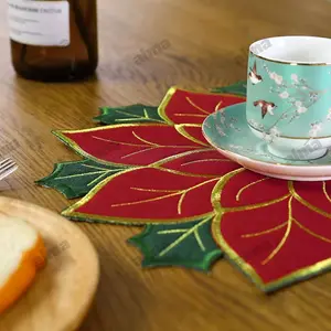 Christmas Velvet Placemat - Double Layer Poinsettia Red Embroidered Table Mat 40cm Diameter Safe Durable for Holiday Tabletop Home Dining Kitchen Coasters