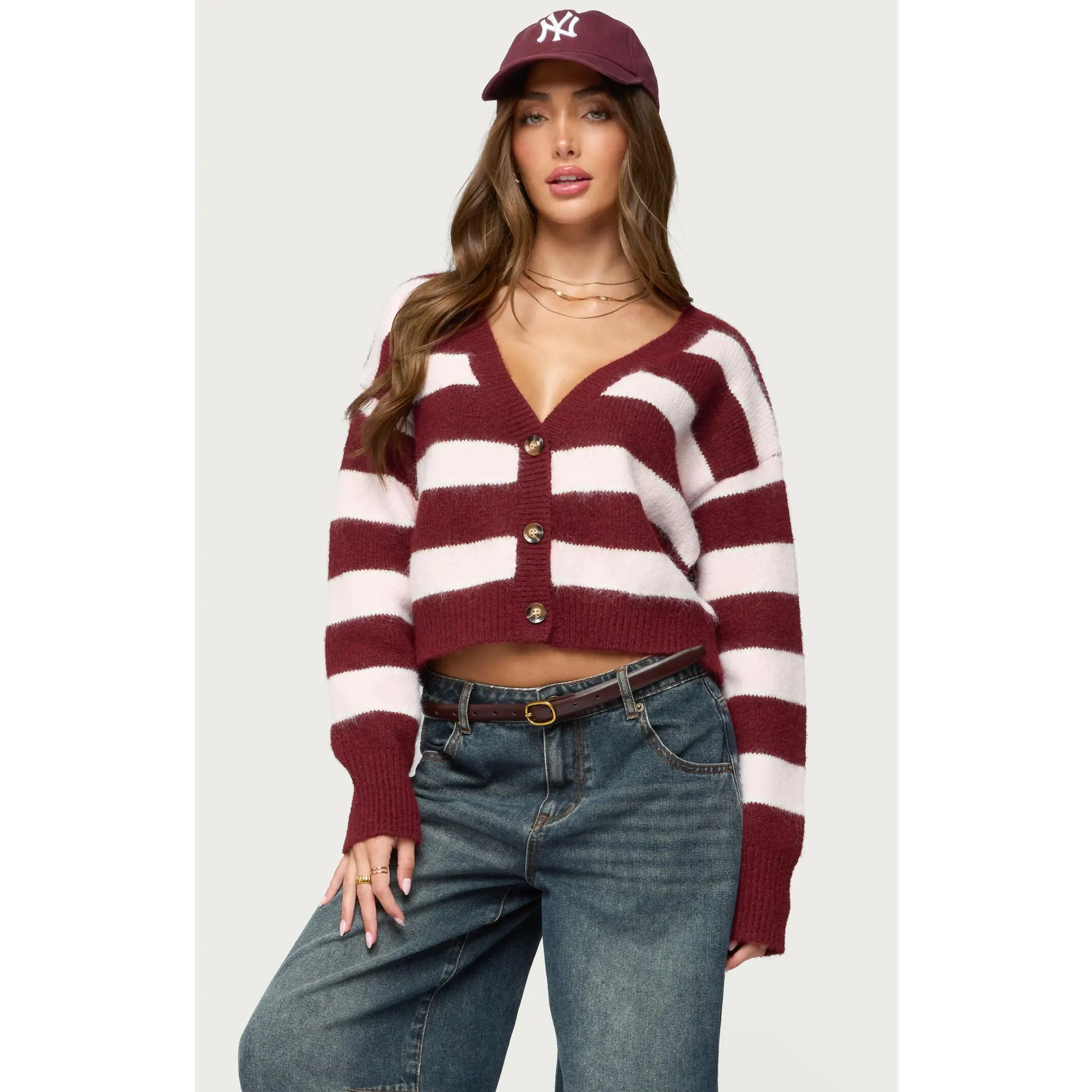 Edikted Women's Kaz Striped Knit V Neck Cardigan