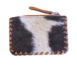 Tooled Leather Cowhide Coin Pouch with Distinctive Stitching and Zip Closure
