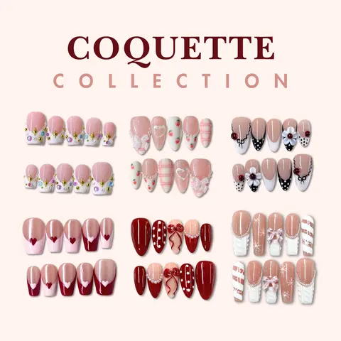 NailPhoria COQUETTE Collection - Handmade Press-On Nails | Reusable, Salon-Quality, Long-Lasting, Glossy Design