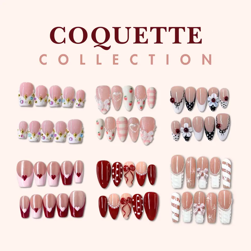 NailPhoria COQUETTE Collection - Handmade Press-On Nails | Reusable, Salon-Quality, Long-Lasting, Glossy Design