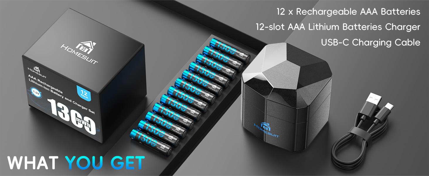 Homesuit Rechargeable AAA Batteries Lithium with Charger 12 Bay, 1300mwh Long-Lasting 1.5V Output Triple AAA Batteries Rechargeable 12 Pack up to 1600 Cycles