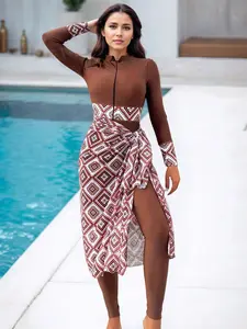 Women's Fashionable Comfortable Beach Sun Protection Swimsuit Set, Long Sleeve Pants & Short Skirt Swimwear, Muslim Style Full Coverage