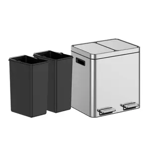 8 Gallon Stainless Steel Trash Can-2 Separate Bins with Removable Liners Soft-Close Lid and Foot Pedal-Kitchen Recycling/Waste System Bucket Metallic Smooth