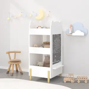 Kids Bookshelf with Chalkboard Side – Bear-Shaped Wooden Bookcase with 3-Tier Storage, Drawing Board for Toddlers, Toy and Book Organizer for Playroom or Bedroom – White