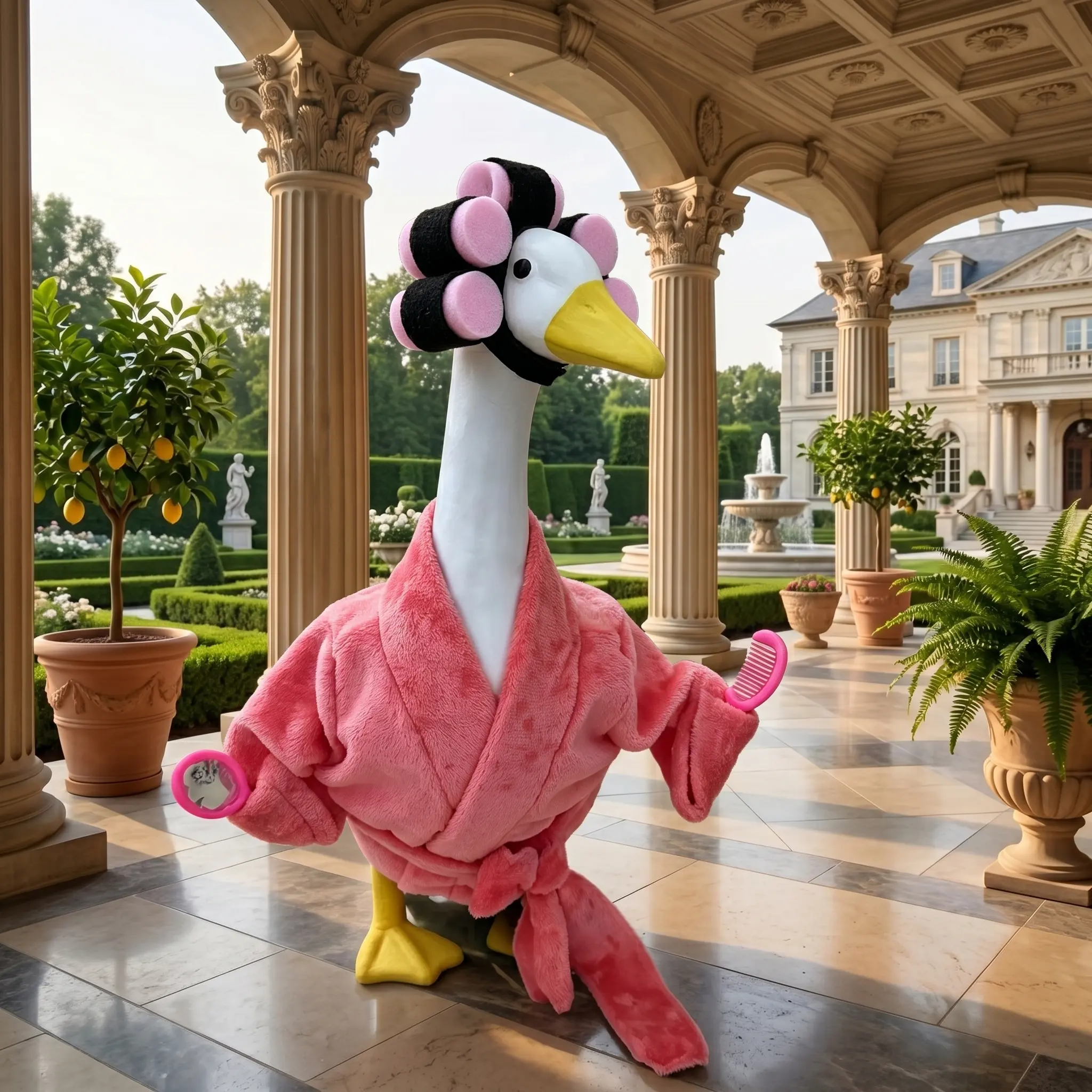 Goose Outfit for 23" Porch Statue, Pink Spa Bathrobe Costume Set with Novelty Hair Rollers, Mirror and Comb, Funny Garden Art Decor, Handcrafted Holiday Outdoor Statuary Accessory, 4-Piece Spa Day Set
