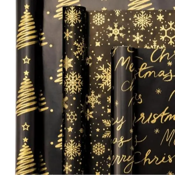 WRAPAHOLIC Foil Black Gold Christmas Wrapping Paper Roll - 3 Rolls - Snowflake, Christmas Tree, Merry Christmas Design - 17 x 120 Inch
