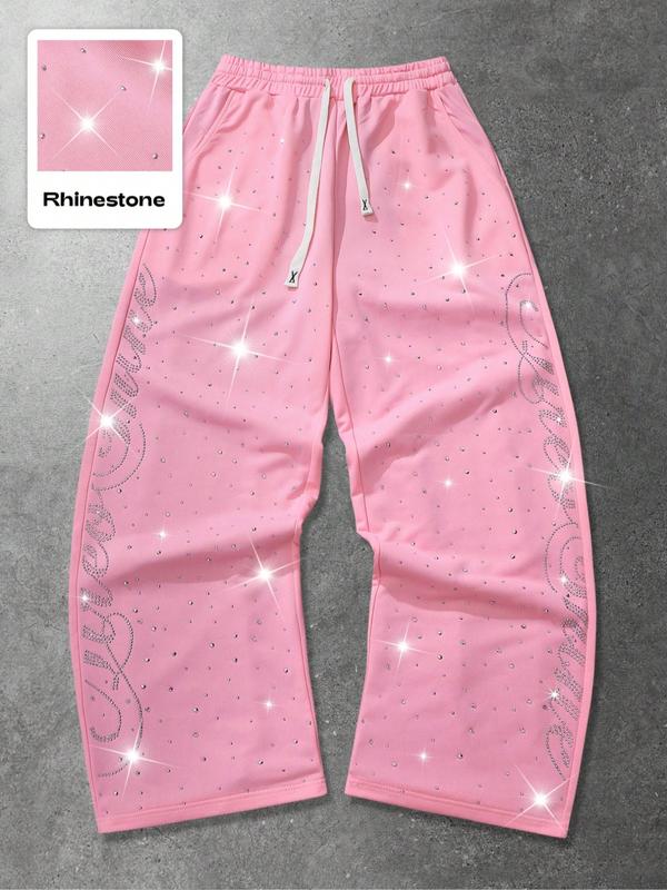 Men's Street Style Straight Leg Sweatpants, Design Sense American Fashion Rhinestone Embroidery, Unisex Casual Pants for Daily Wear, Casual Sporty Trousers