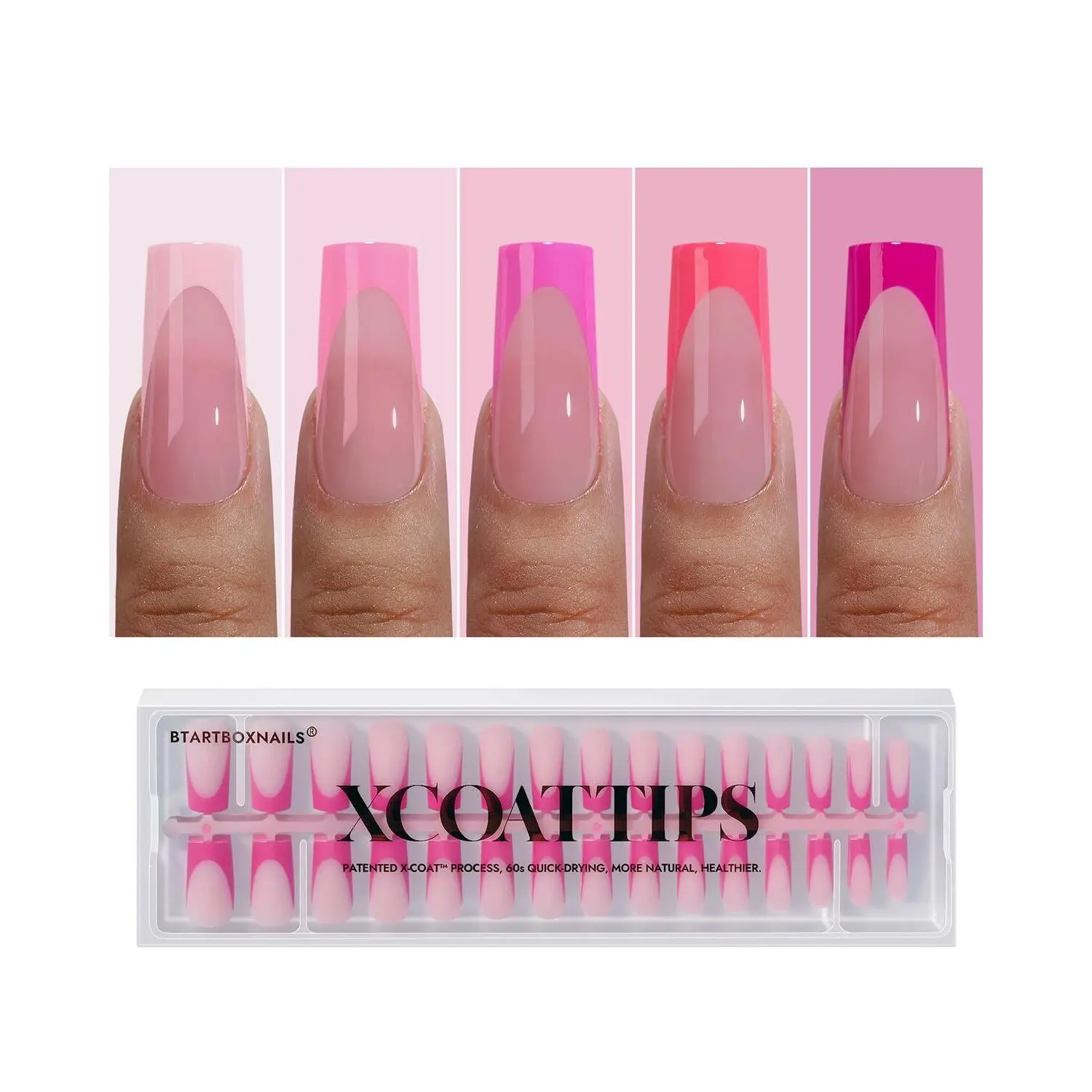 BTArtboxnails XCOATTIPS Pink French Tip Press On Nails - Long Press On Nails Square, Soft Gel Nail Tips, 150Pcs Soak Off Acrylic Pink Fake Nail Extension in 15 Sizes