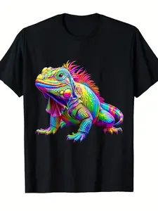 Cute Laser Reptile Iguana Lizard Colorful T-ShirtSame style for men and women  summer short-sleeved printed T-shirt pure cotton 220G Graphic Tee Unisex Clothing Colorful Print Fun Tshirt Soft Cotton Tee Breathable Material Printed Top