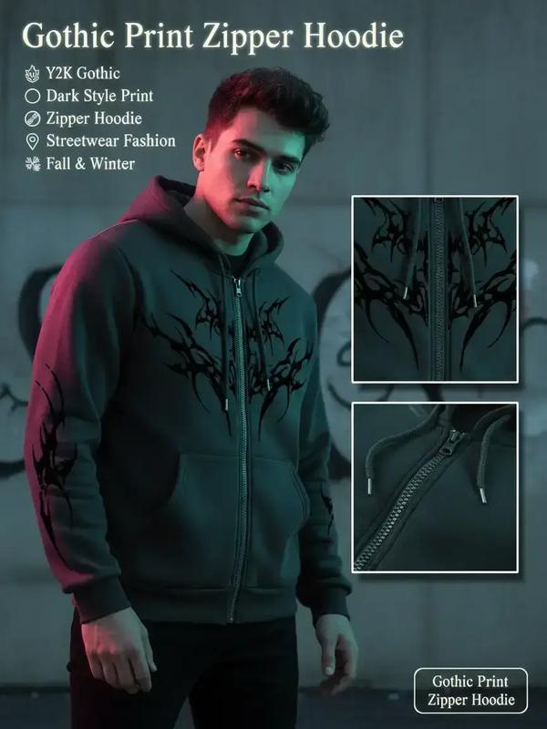 Y2K Gothic Dark Style Printed Zipper Hoodie, Fashion Streetwear for Casual Occasions, Fall & Winter New Arrival Y2K Gothic Dark Style Printed Zipper Hoodie, Fashion Streetwear for Casual Occasions, Fall & Winter New Arrival