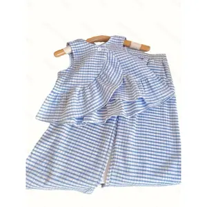 Toddler Little Girl 2 Piece Summer Outfit Blue White Gingham Check Sleeveless V-neck Top Layered Ruffle Hem Elastic Waist Relaxed Wide Leg Pants Lightweight Crinkle Breathable Fabric, for Daily Playdate Outdoor Picnic Beach Trip Casual Weekend Outing