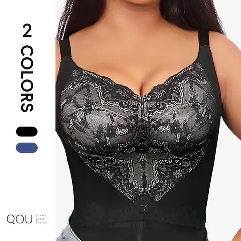 QOU Women's Wireless V-Neck Woven Corset Bra Top - Black Lace Push-Up Bustier, Nylon Spandex Fabric, Smooth Soft Texture, Breathable Mesh, Shaping Support, Feminine Romantic Vintage Holiday Underwear for Lady