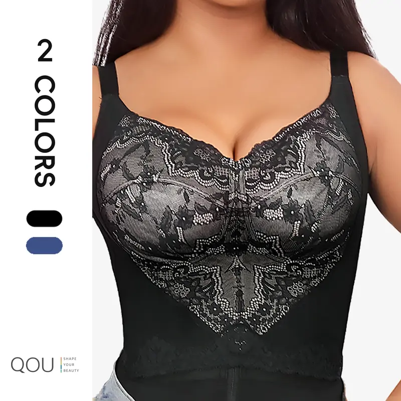 QOU Women's Wireless V-Neck Woven Corset Bra Top - Black Lace Push-Up Bustier, Nylon Spandex Fabric, Smooth Soft Texture, Breathable Mesh, Shaping Support, Feminine Romantic Vintage Holiday Underwear for Lady