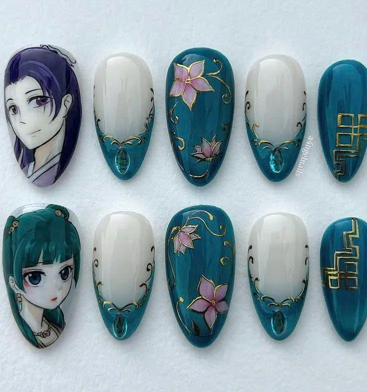 ATheory SApothecaryth Diaries Press On Nails | Handmade EMaomaon & EJinshin Character Nails, Anime Nail Art, Floral Gold Accent, Custom Kawaii Fake Nails| FREE Adhesive Tabs  Nail File Cuticle Stick